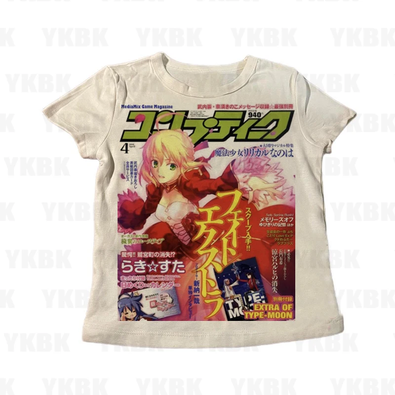 アニメファッショントップス Y2k 夏かわいい Tシャツ漫画プリントハイストリートゴシック通勤ラウンドネックスリーブ半袖 Tシャツ