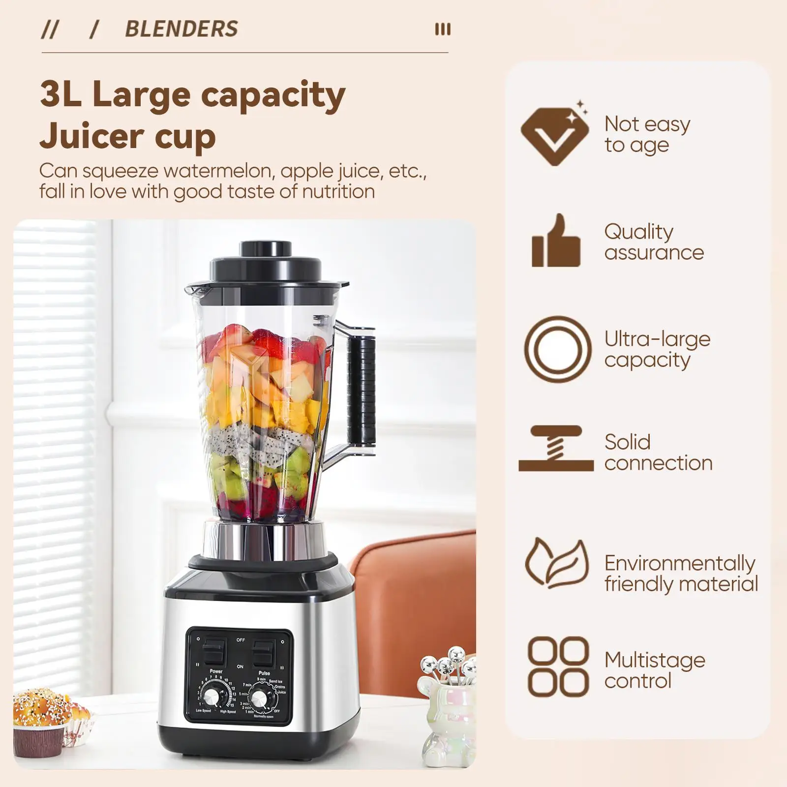 9500W Tischmixer, Entsafter, Smoothie-Maker 3-in-1, 0,5/1,5/3L Behälter, Küchenmaschine, Blenderboxer für Eis, Nüsse, Früchte – Detail 4
