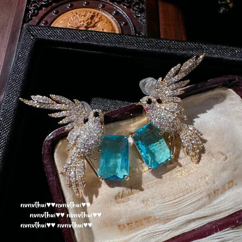 Exquisite Cut Bird Earrings Yellow Gold Plated Sea Blue Zircon 925 Silver Needle Ear Stud Ladies Elegant Luxury Banquet Jewelry