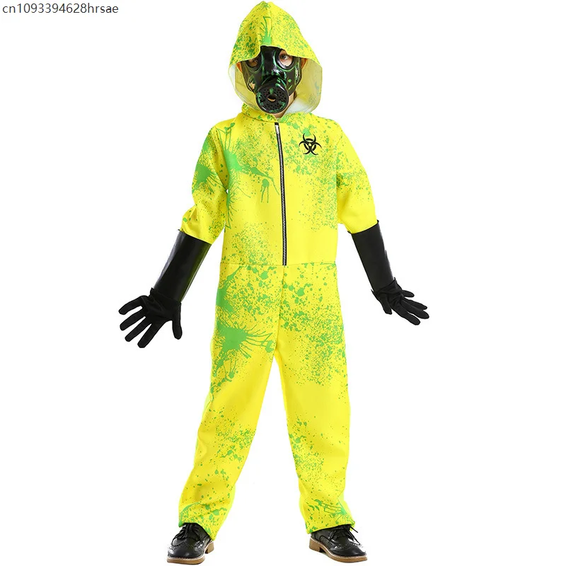 بدلة قناع تنكري للأطفال من Evil Zombie Hazmat زي قناع لزي بوريم للأولاد بدلة إشعاع حيوي أصفر