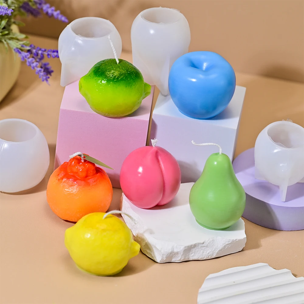 S0272 Moldes de Silicona 3D de Manzana, Pera, Naranja, Limón y Melocotón para Resina, Repostería, Velas Aromáticas y Jabones