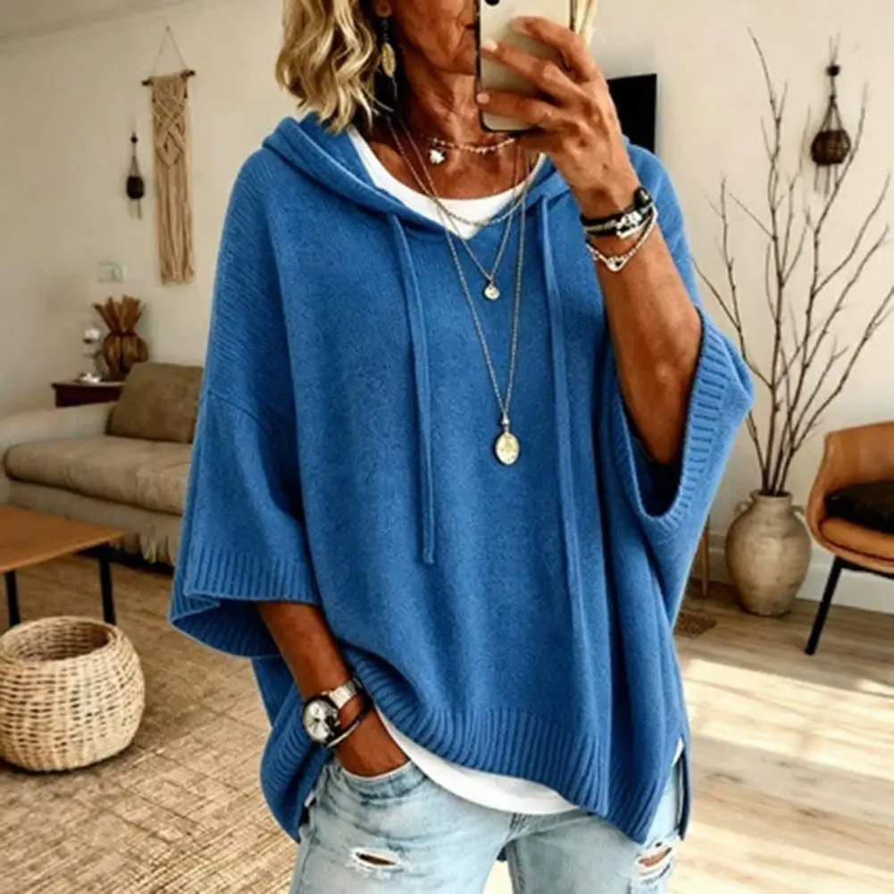 Loose Fit Sweater Autumn Women Knit Pullover Sweater Loose Fit Drawstring Hoodie 3/4 Sleeve Drop Shoulder Top Solid Color