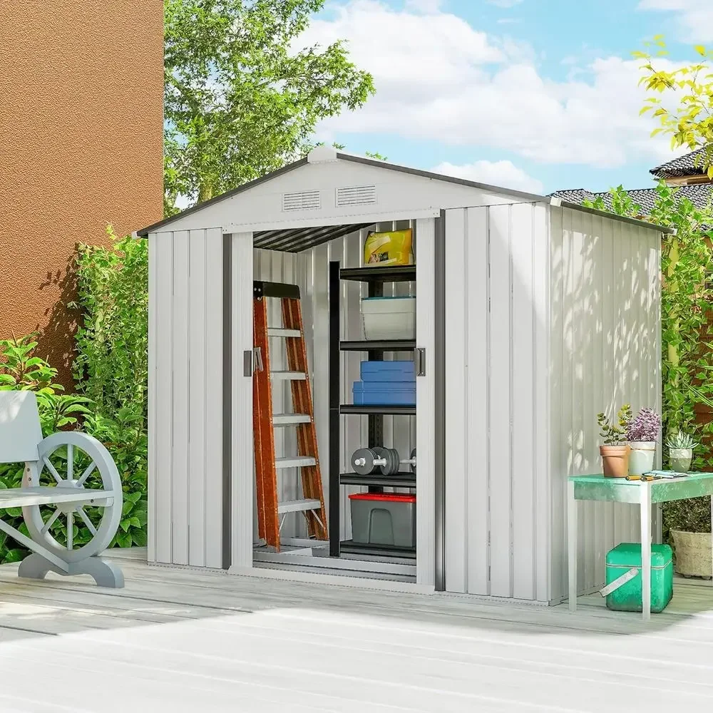 7' x 4' Outdoor Metal Storage Shed with Foundation Kit, Double Door, Air Vents, and Sloping Roof for Garden Tools, White