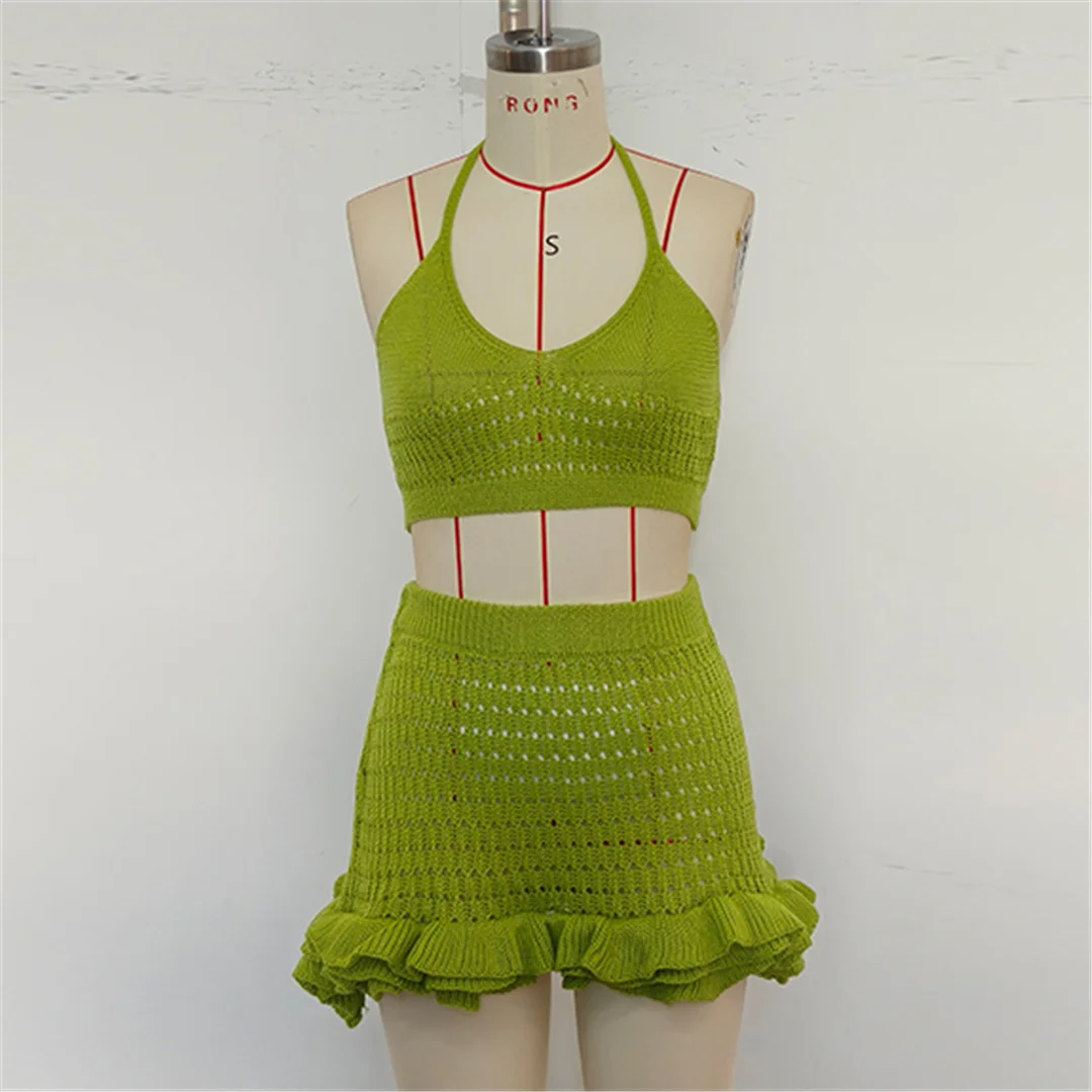 Neues, gerüschtes, halterloses, ausgeschnittenes, gehäkeltes, gestricktes 2-teiliges Set, Sommerkleid, Strandkleidung, Cover-up, zweiteiliges Set für Damen, V7169 – Detail 14