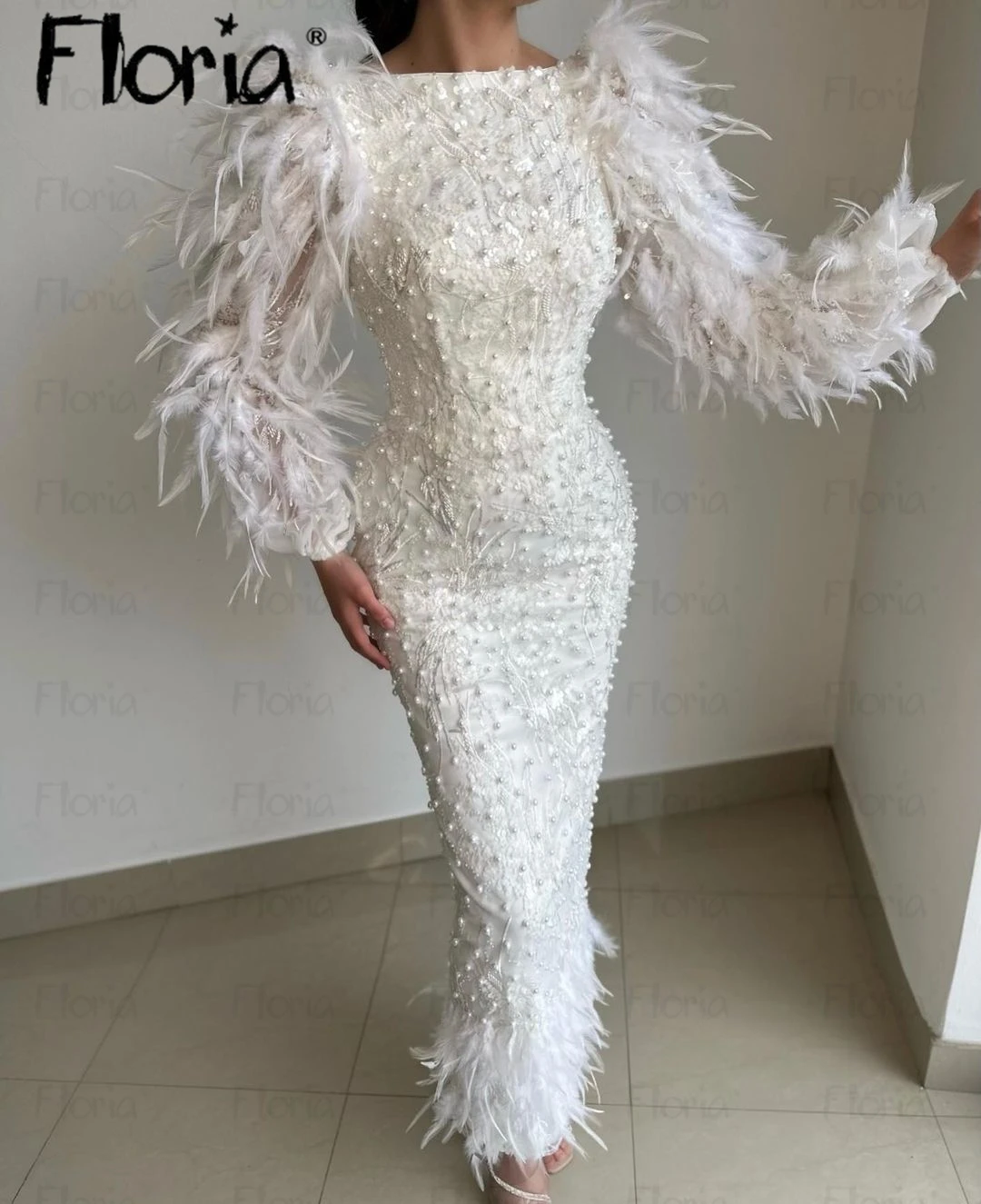 Feather Sleeves and Bottom Evening Dress Muslim Dubai Pearls Luxury Formal Gowns Women Wedding Party Dresses Celebrity Dresses