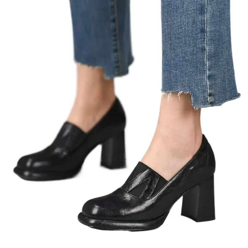 Women Retro Pumps Spring Autum Thick Square Heeled Shoe Slip-On Cowhide Female Pumps Square Toe French Style Ladies Shoes