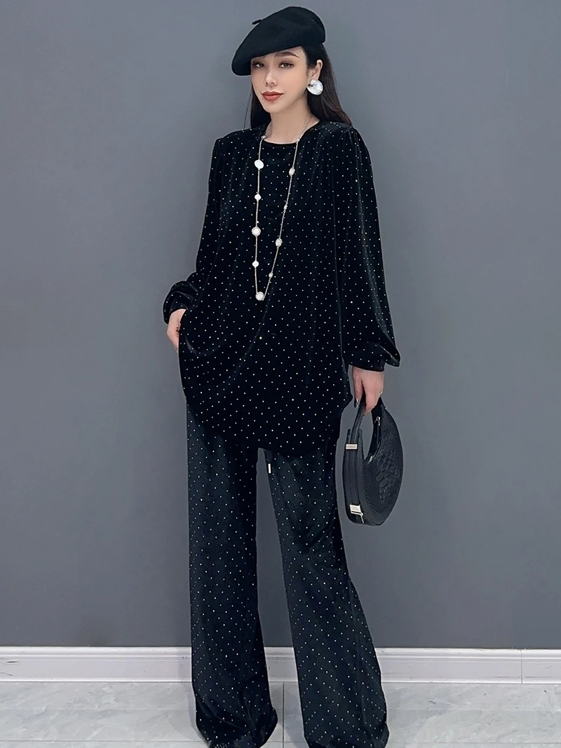 Vefadisa 2024 Autumn New Black Polka Dot Printed Women Matching Set O-Neck Lantern Sleeve Top Wide Leg Pant Two-piece ZXY613A