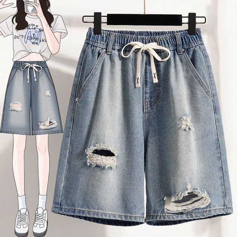 

Women's fashion ripped denim five quarter pants summer new street loose elastic waist drawstring versatile casual shorts