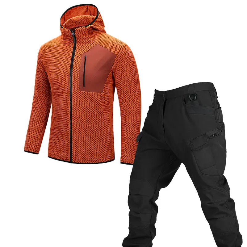 Conjunto de 2 piezas de abrigos cálidos con capucha para caza al aire libre, abrigos con cremallera de alta calidad para hombre, pantalones de senderismo, ropa deportiva informal para fitness.