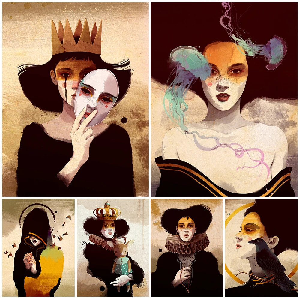 Vintage قناع فتاة البكاء مثير امرأة الغراب جدار الفن قماش اللوحة الملصقات والمطبوعات ديكور المنزل جدار صور لغرفة المعيشة