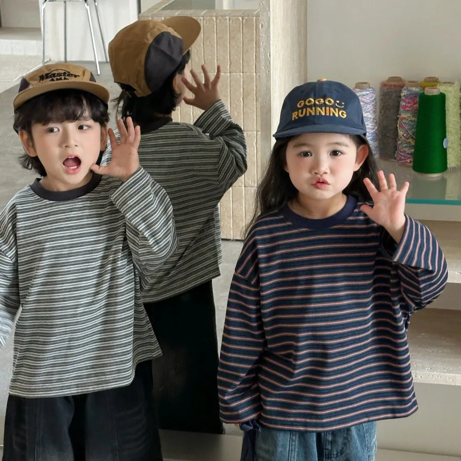Children Clothes Kids Casual Loose T Shirt 2026 Spring Autumn New Color-blocking Striped T-shirt Loose Long-sleeved Top