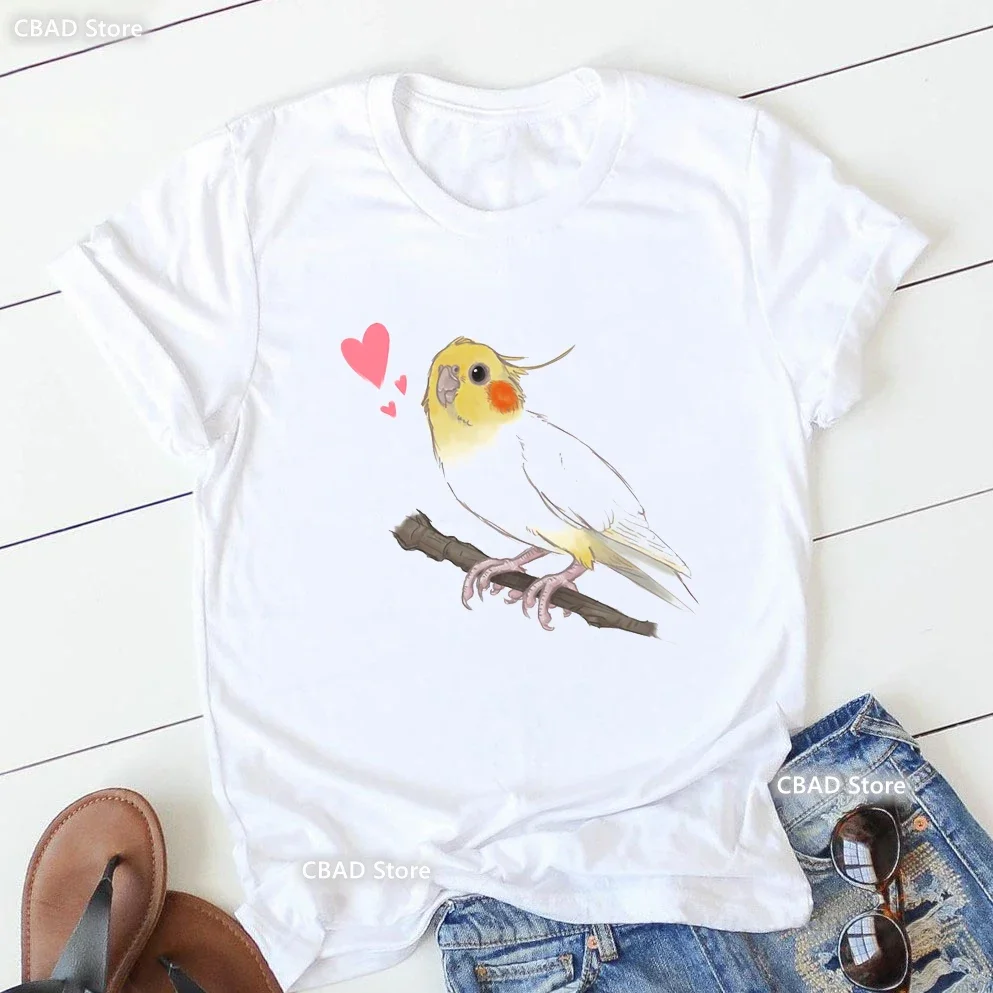 Cute Cockatiels/Parrot Bird Lovers Print T Shirt Girls Sunflower Flowers Tshirt Women Harajuku Kawaii Clothes Summer Tops Tee