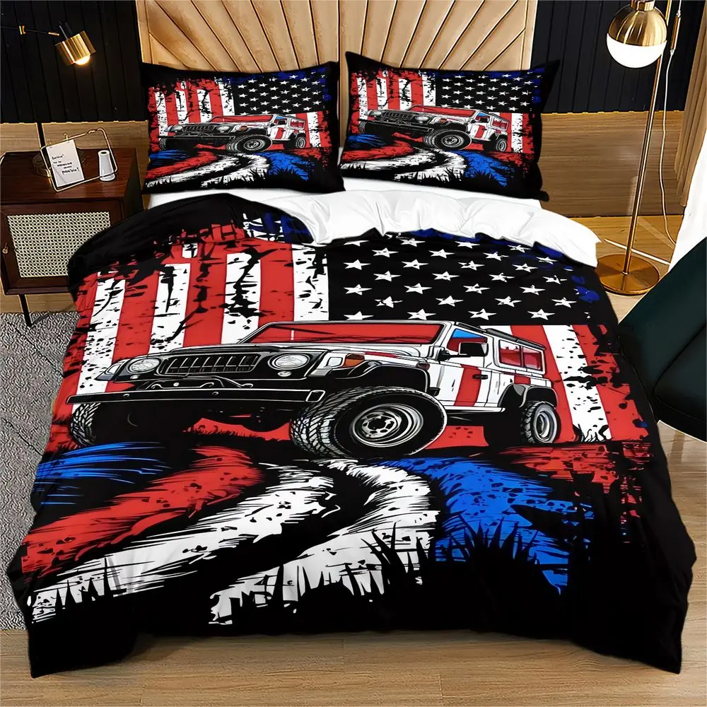 Off-Road Car Duvet Cover Set Digital Print Bedding Set Patriotic Truck Theme Microfiber Quilt Cover Bedroom