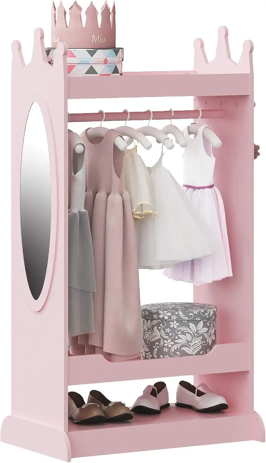 

Kids Dress Up Storage with Mirror, Costume Wardrobe and Hanging Closet in Pink for Pretend Play