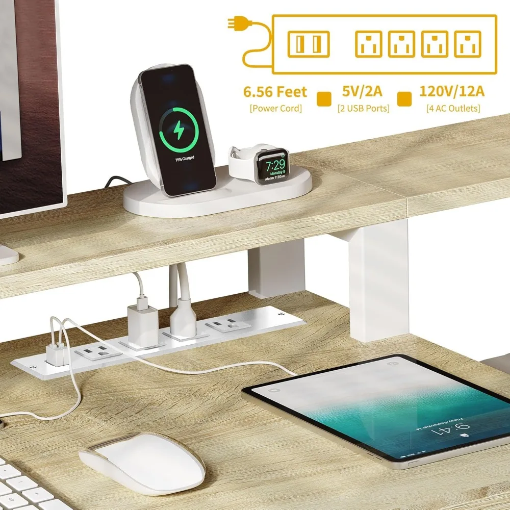 Corner L-Shaped Desk with Storage, 65 Computer Desk featuring Power Outlets and LED Lighting for Home Office