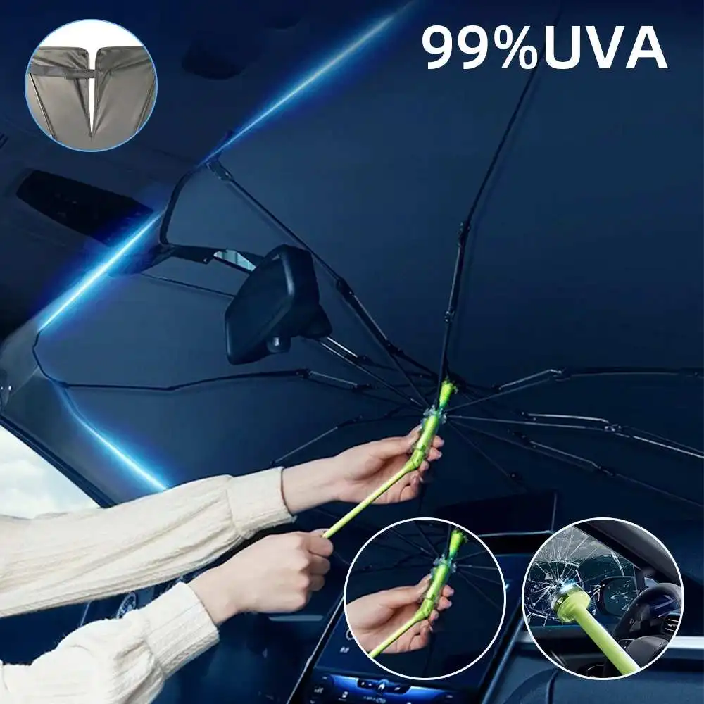 

2 In 1 Car Windshield Sun Shade Foldable Car Sunshade Umbrella UV Sun Protection w/ Storage Bag Safety Hammer for Car SUV Truck