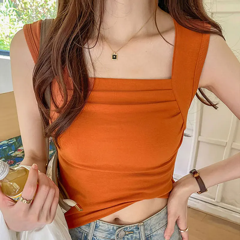 Basic Hotsweet Folds Spliced Tanks Female Clothing Solid Color Pullovers Summer Thin Slim Sleeveless Korean Square Collar Camis