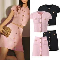 Luxury Designer Summer Holiday Diamond Button Beaded Pink Knitted Two Piece Set Women Short Cardigans Knitting Short Skirts Suit