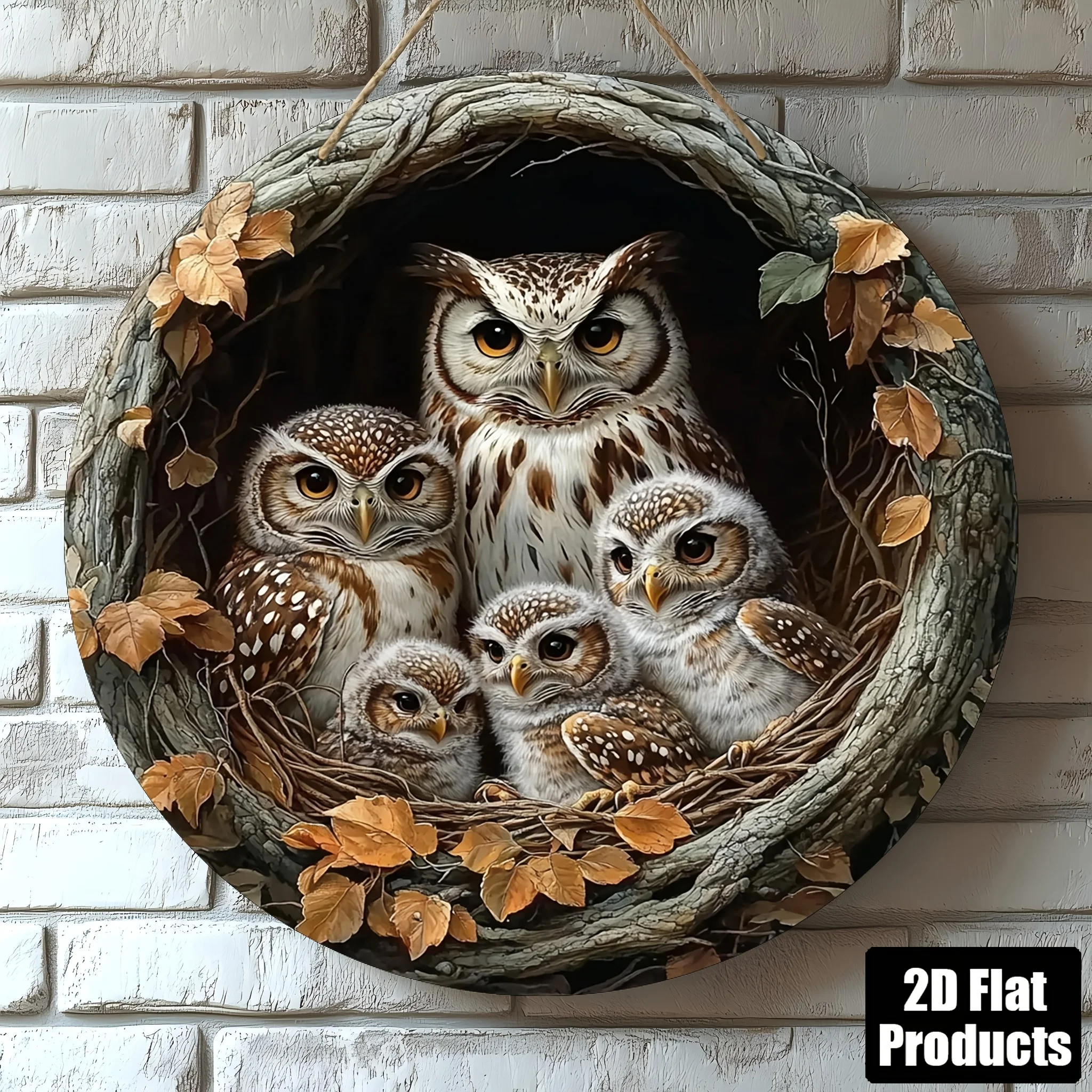 2D Flat, 1pc Vintage-Style 8x8 Inch Round Wooden Wall Art - Owl Family Decor with 3 Adult Owls and 4 Young Owls in a Nest, Perfe