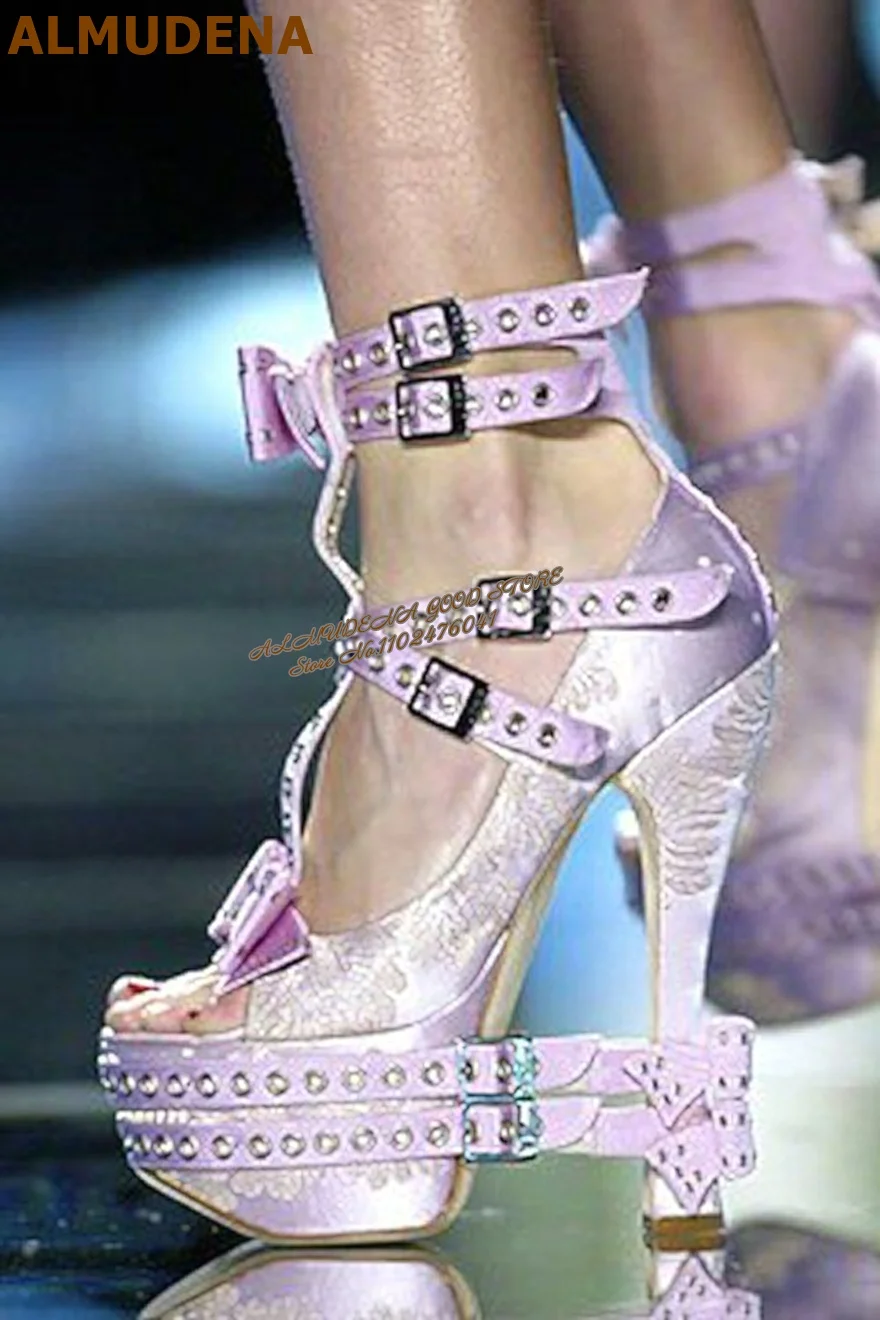 Gothic Platform High Heels Sandals Snake Print Peep Toe Rivets Strap Bow Decor Buckle Strappy Runway Show Party Dress Shoes