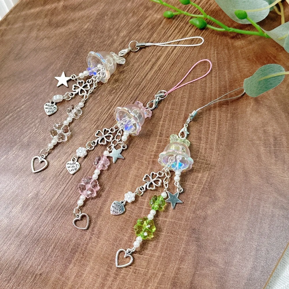 Y2K Purple Clover Jellyfish Key Chain Wind Chimes Star Heart Beaded Keyring for Phone Camera Earphone Case Charm Pendant Keycord