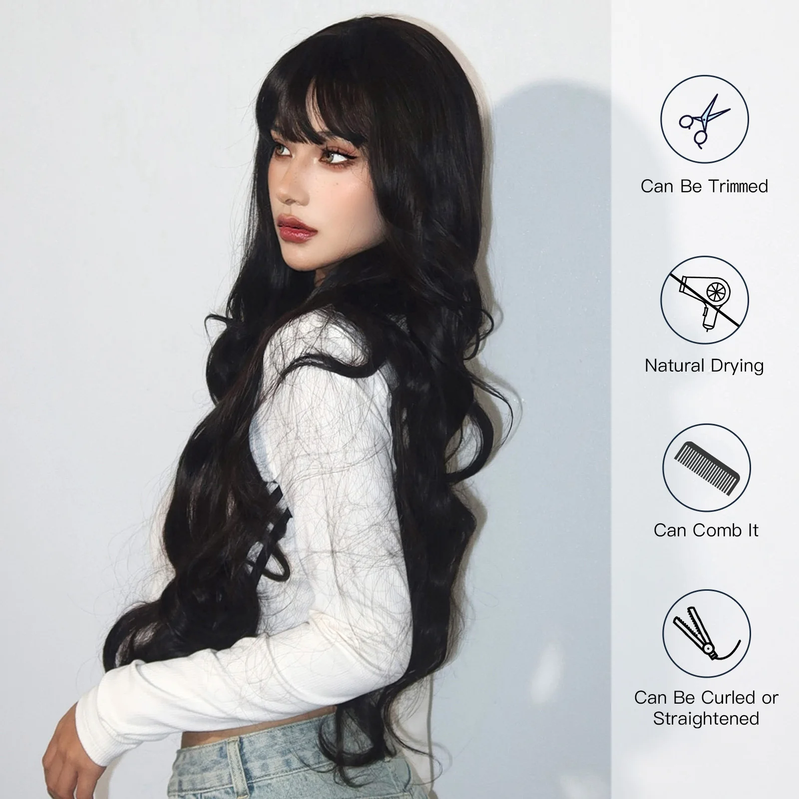 Wig sintetis hitam bergelombang Super panjang dengan poni untuk wanita Wig rambut alami Cosplay Halloween gelombang air gelap Afro tahan panas