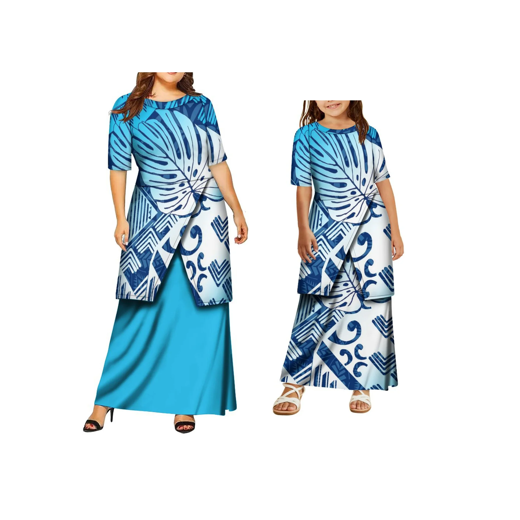 نمط جديد بولينيزيا القبلية طباعة تونغان Puletasi طاقم الرقبة الأم وابنتها ساموا المرأة 2 قطعة وتتسابق مجموعات فستان