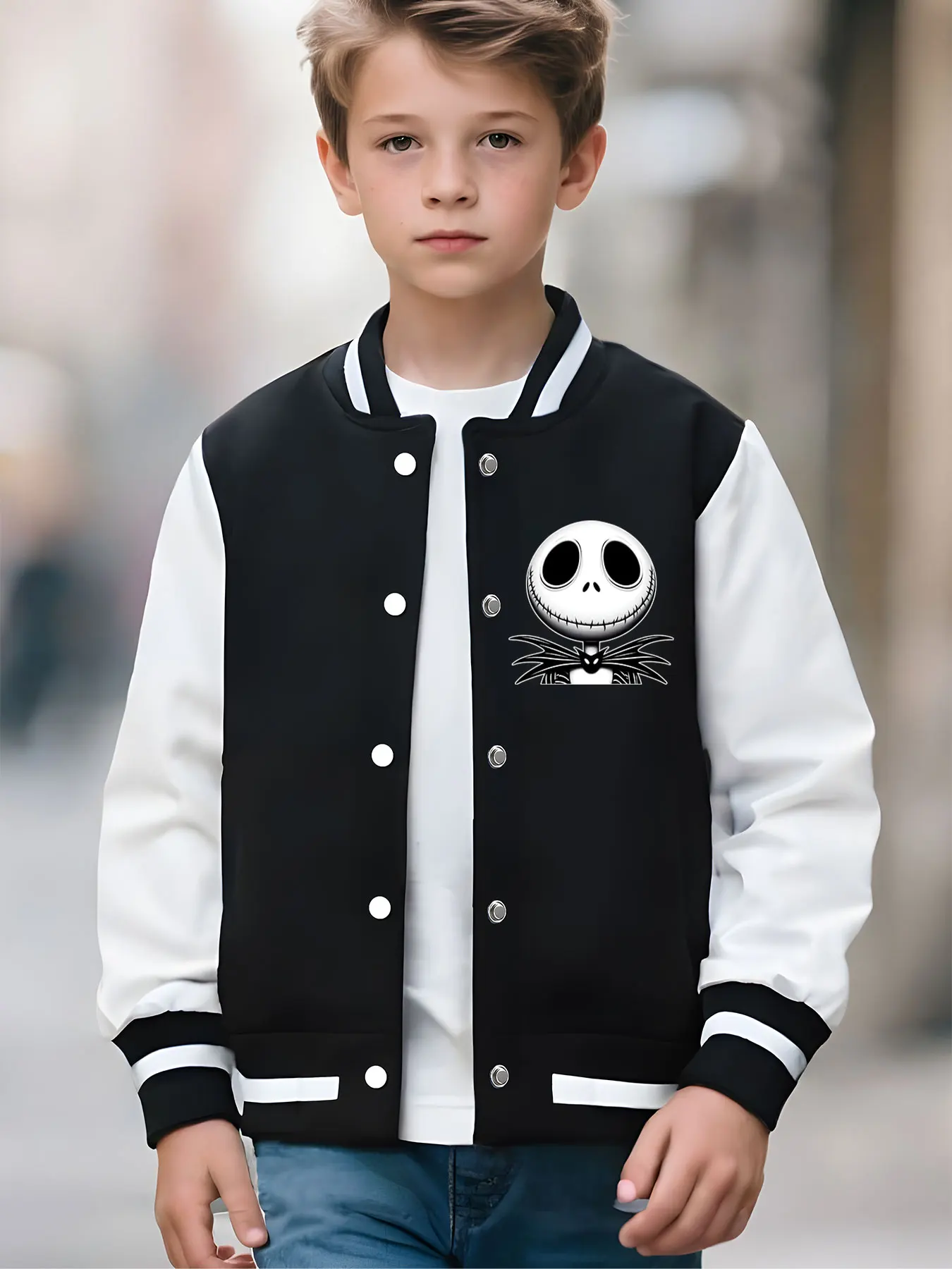 سترة بيسبول للأطفال من MINISO Disney Nightmare Before Christmas ذات صورة كلاسيكية - شكل جمجمة كلاسيكي، مليئة بالذكريات، بدلة