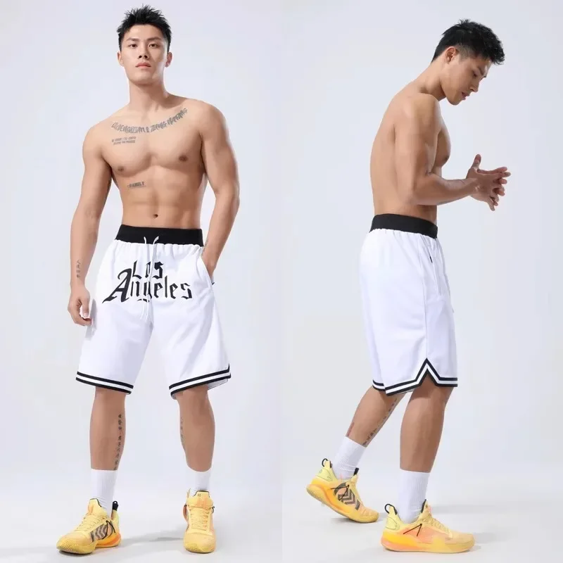 American Basketball Shorts Men Over-the-knee Ball Pants Five-quarter Length Cloth Printed Loose Gym Running Training Pants Mesh