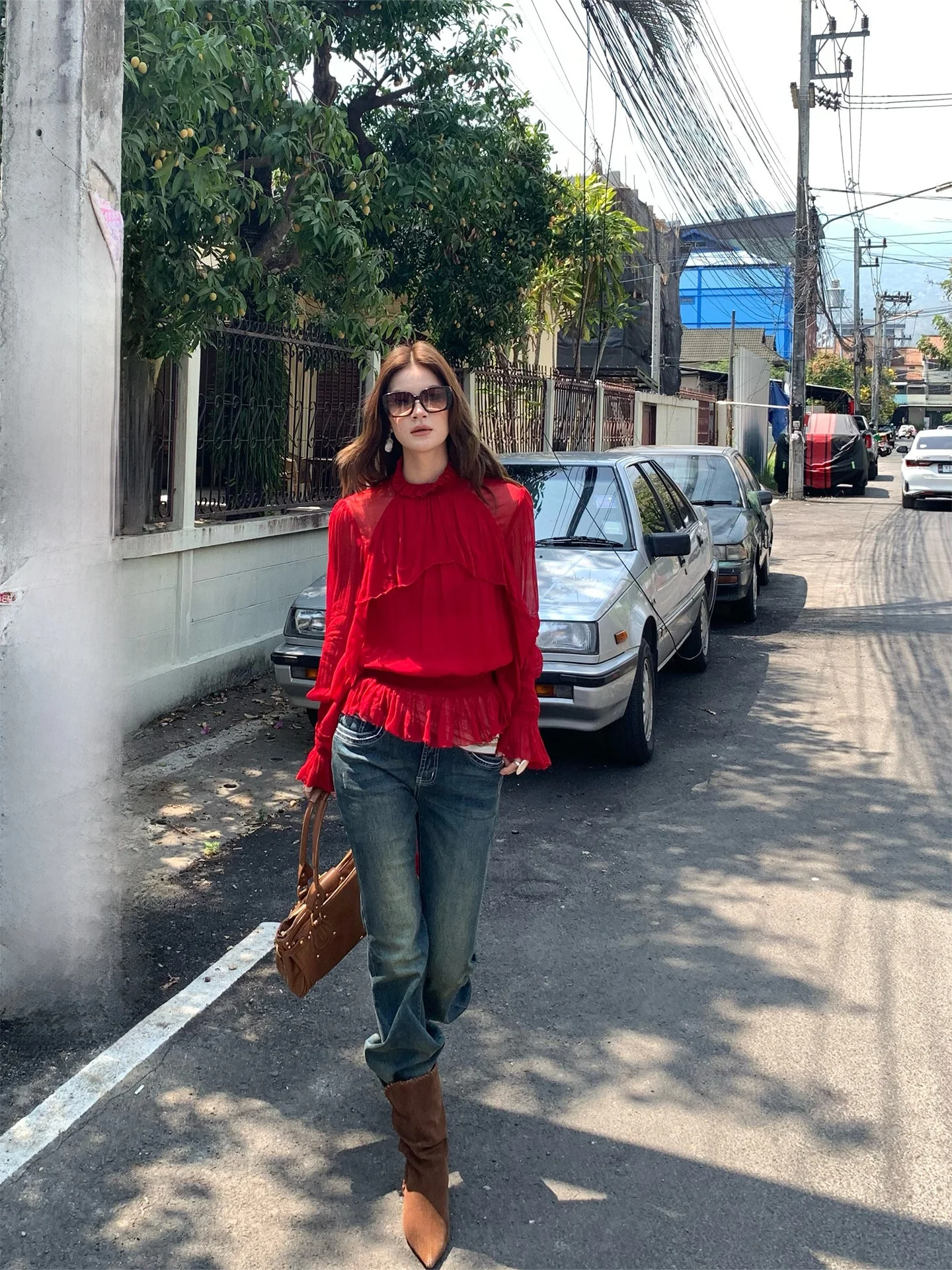 

Elegant Long Sleeve Women's Shirt with Sash Loose Fit Slimming French Style Casual Shirt for Commuting Summer Fashion