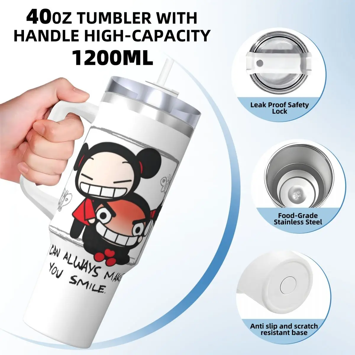 Pucca Funny Love Always Make You Smile Stainless Steel Tumbler Beach Thermal Mug With Straws and Lid Cold and Hot Water Bottle