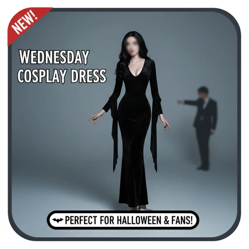 ▶ ❤ Disfraz de Wednesday Addams para Mujer, Vestido Negro con Manchas Blancas, Conjunto de Disfraz para Halloween ❤ ◀