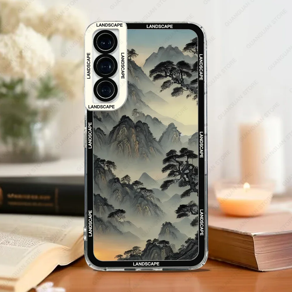 Case For Samsung Galaxy S20 S21 FE S22 S23 Ultra A13 A32 A33 A50 A52 A53 A73 A54 A14 Soft Cover Ink and Wash Landscape