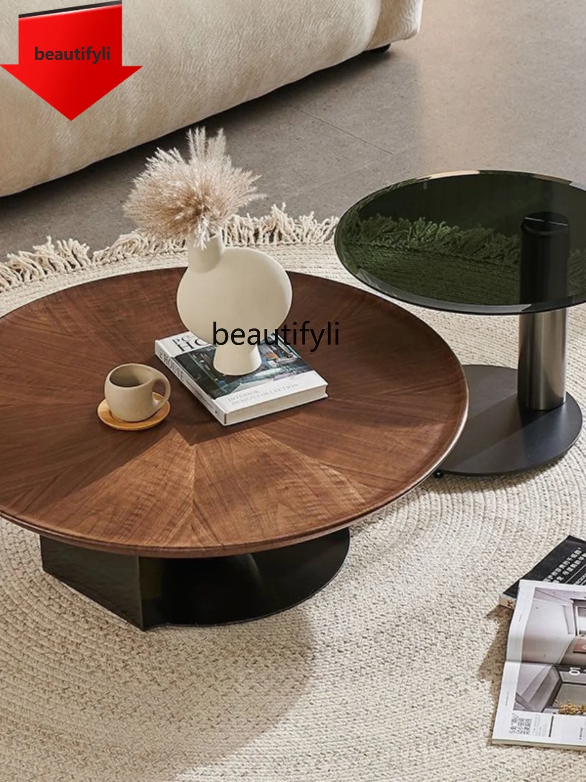 

K185 Wabi-sabi style minimalist solid wood round coffee table light luxury simple living room home small apartment