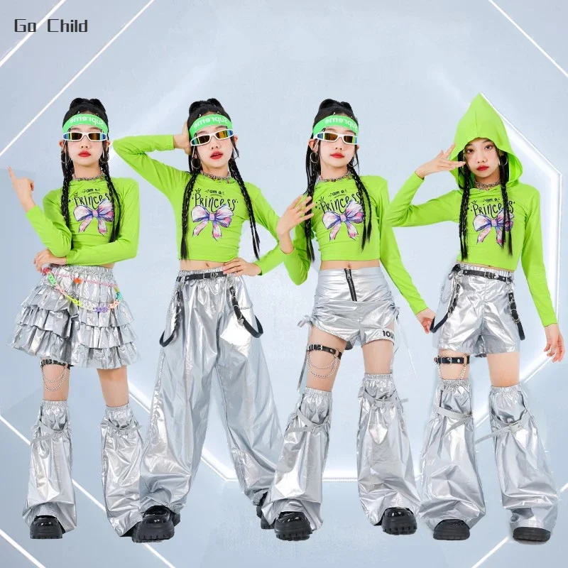 Hip Hop Girls K-pop Crop Hoodies Street Dance Cargo Pants Kids Streetwear Shorts Silver Skirts Child Jazz Costumes Clothes Sets