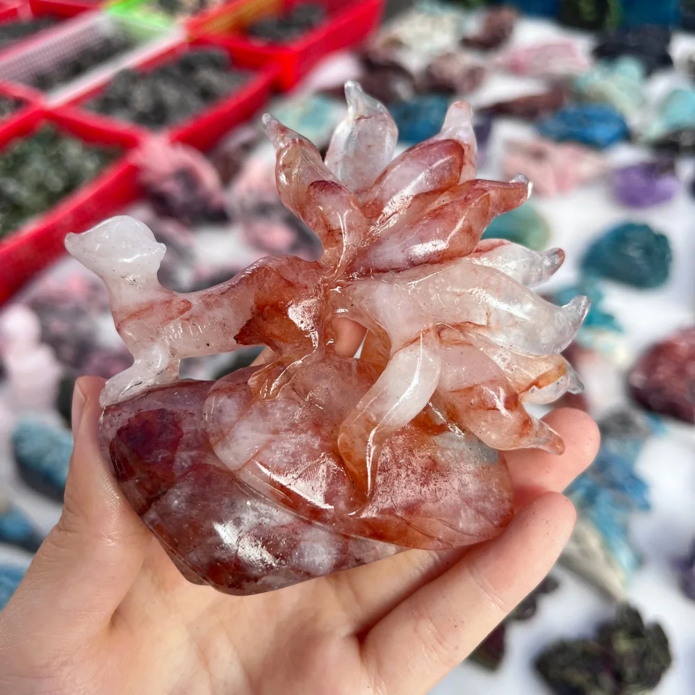 Natural Red Hematoid Quartz Nine‑Tailed Fox Carving Crystal Figurine Healing Stone Desktop Ornament Home Decoration