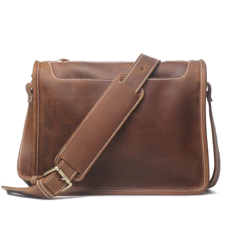 Vintage skóra Crazy Horse Messenger Bag ręcznie robiony oryginalna skóra naturalna zamek błyskawiczny torby na laptopa torba listonoszka na ramię — zdjęcie 2