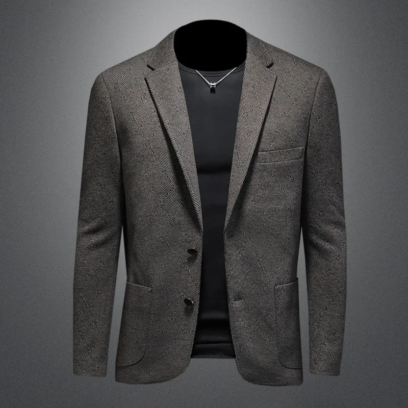 

Faionable Wool Blend Men's Slim Fit Suit Jaet Iron Free Trendy Casual Sle Stand Cut Four Button round Hemline