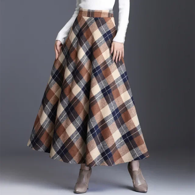 Damesmode Lente Herfst Winter Retro Plaid Elegante Wollen A-lijn Rok Middellange Hoge Taille Dames Lange Rok