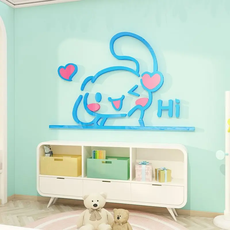 Adesivo acrílico tridimensional Sanrio para quarto de criança, adesivo 3D dos desenhos animados, Cinnamoroll, quarto de menino e menina, decoração de parede