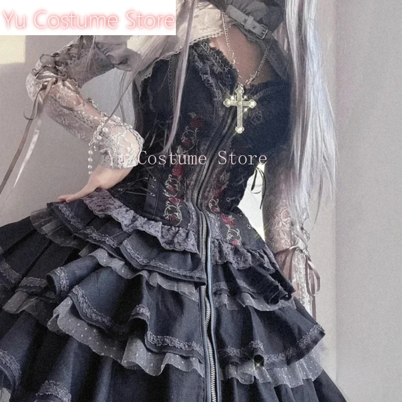 

Yu Costume Gothic Lolita Y2k Dress Women VintageVictorian Harajuku Lace Bandage RoseEmbroidery Party Dresses Sleeveless Vestidos
