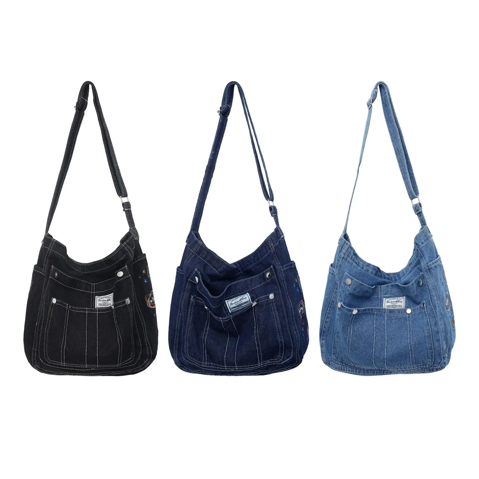 Denim Shoulder Bag Large Capacity Tote Travel Shoulder Bag Elegant Denim Crossbody Bag for Spring Summer Travel Vacation Women