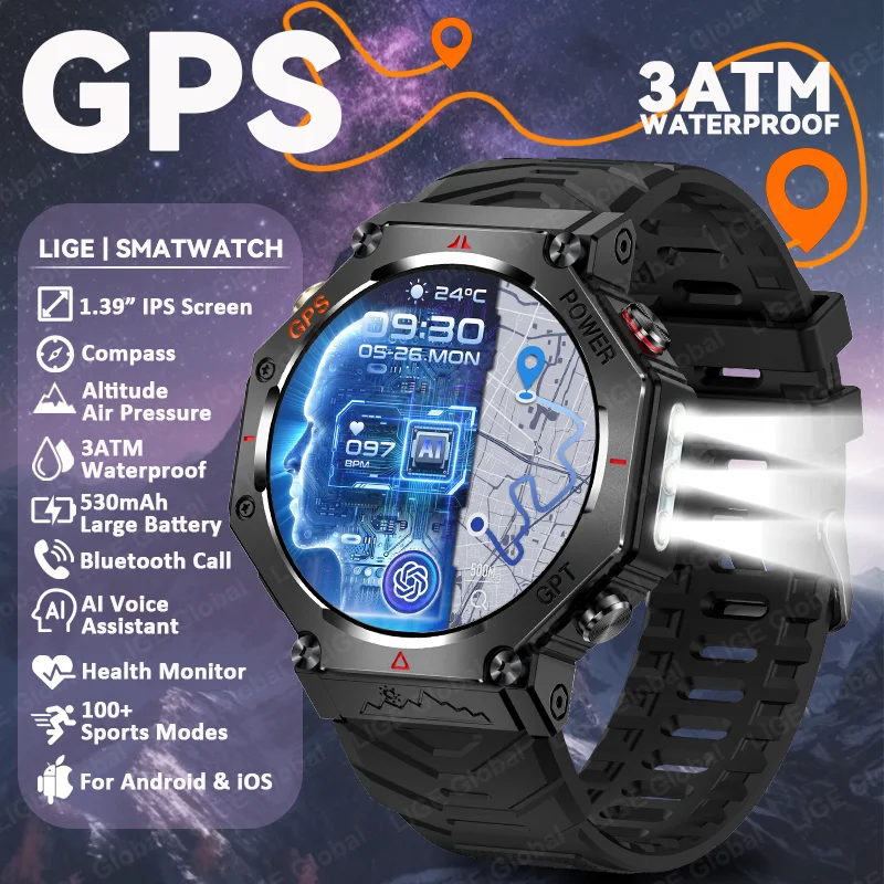 

LIGE GPS Smart Watch 530mAh Battery 3ATM Waterproof Compass Altitude Air Pressure Military Flashlight Sports Men Smartwatch 2025