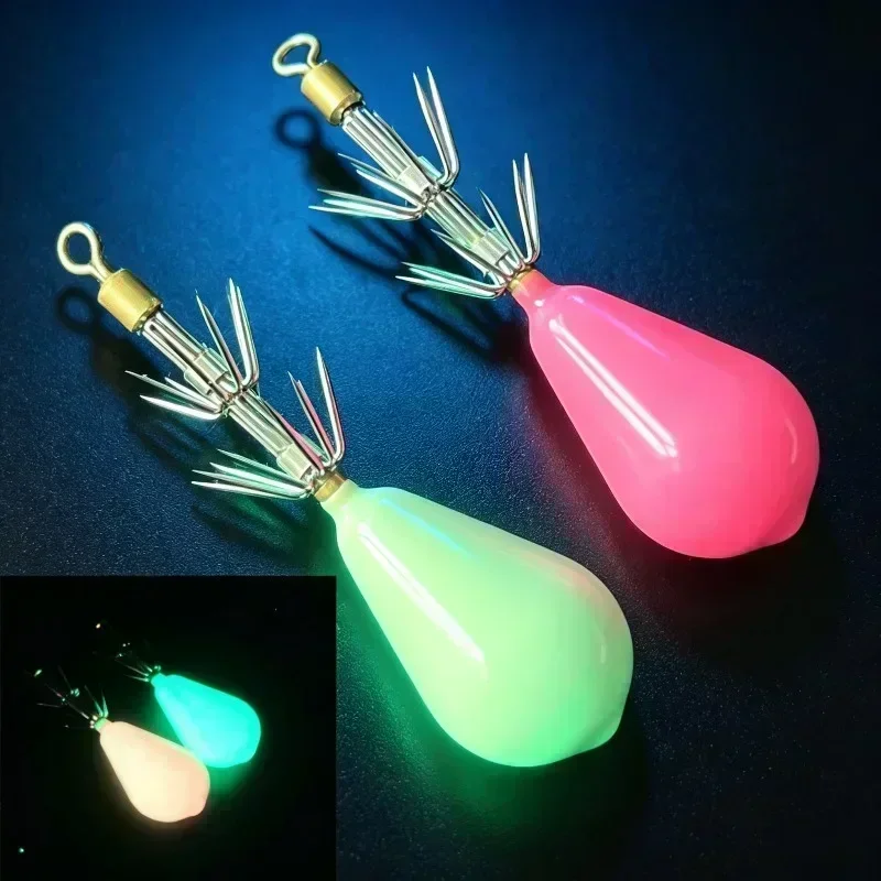 Leuchtender Oktopus-Tintenfisch-Jig mit Bleigewicht, doppelter Schicht, 10 Zinken, Regenschirmhaken, Anti-Verklemmungs-Salzwasser-Angelköder für Tintenfische
