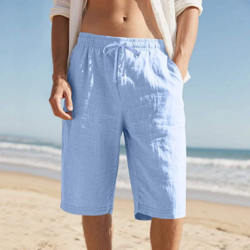 Men Cotton Linen Shorts Summer Lightweight Breathable Casual Beach Style Shorts Basic Solid Color Sweatpants Elastic Waist