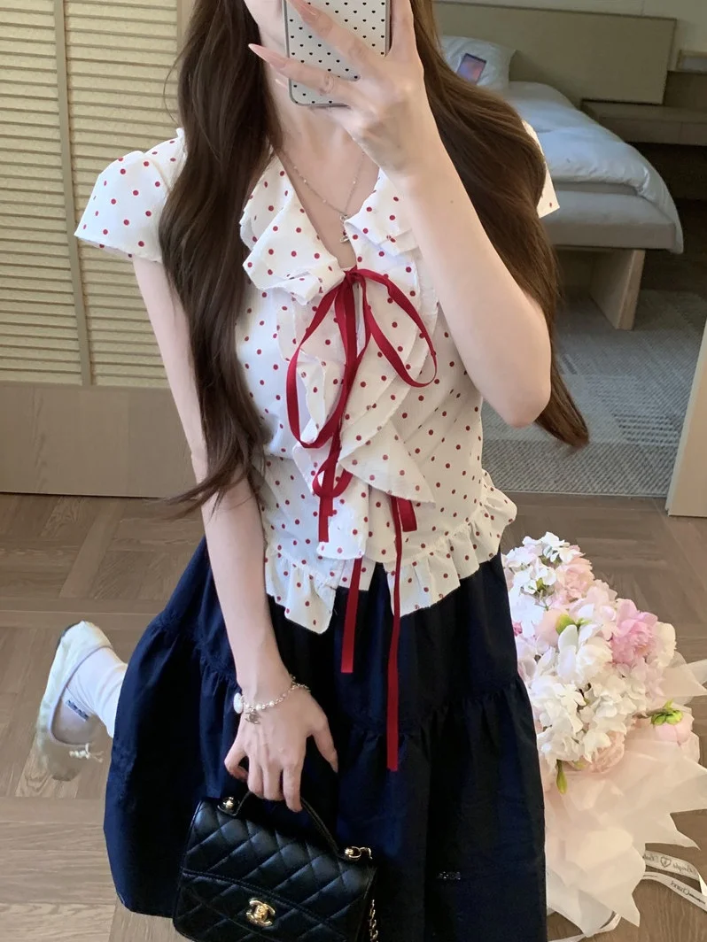 

Kumikumi College Style Polka Dot Short Sleeve Shirt And Skirt Set Women's Summer Slimming Versatile Half-length Two-piece Set