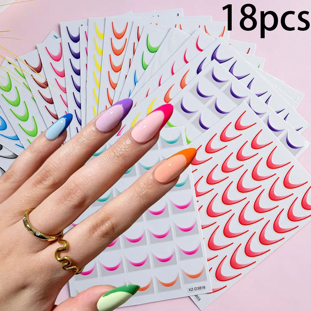 18 stks 3D Kleurrijke Strepen Lijn Transfer Nail Decals Gradiënt Franse Gebogen Lijn Nail Stickers Zelfklevende Gidsen Gel Polish Wraps S