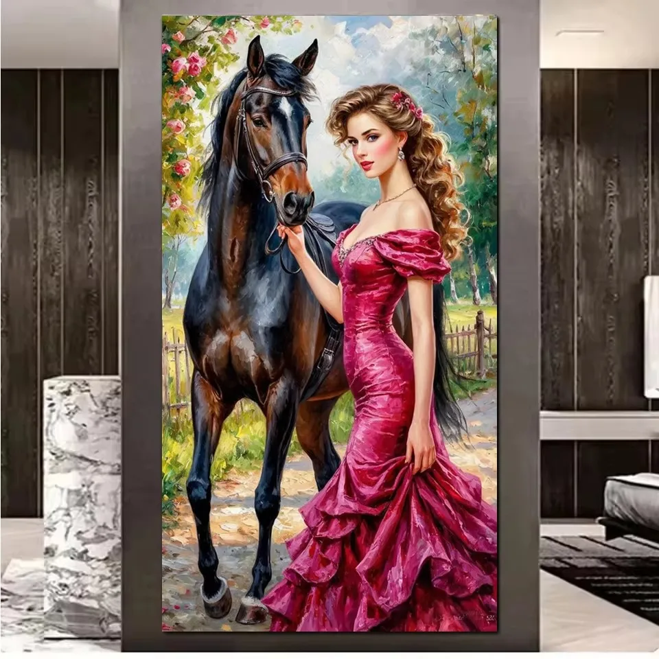 5D Diamond Painting Red Dress Lady & Black Horse Full Drill DIY Diamond Art, Floral Garden Mosaic Embroidery, Home Decor Gift
