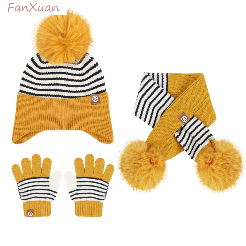 children winter hats set 3pcs scarf gloves knitting striped big pompom girls boys beanies with ear muffs yellow navy blue pink