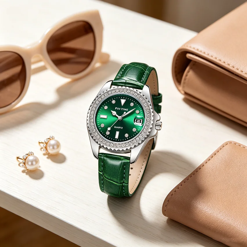 Ladies Luxury Diamond Branded Quartz Watch Fashion 2025 New Simple Green Leather Women's Dress Clock Watch for Female